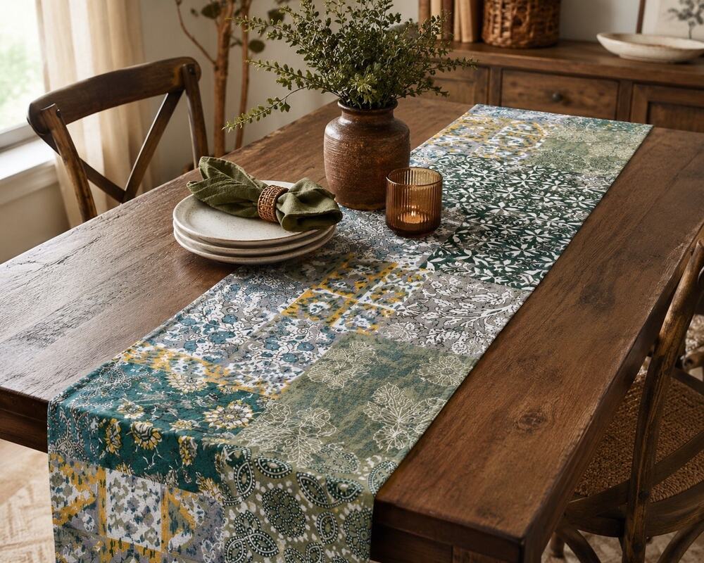 Patchwork Boho Table Runner 12.5x72 Green Gray Mustard Floral Cotton